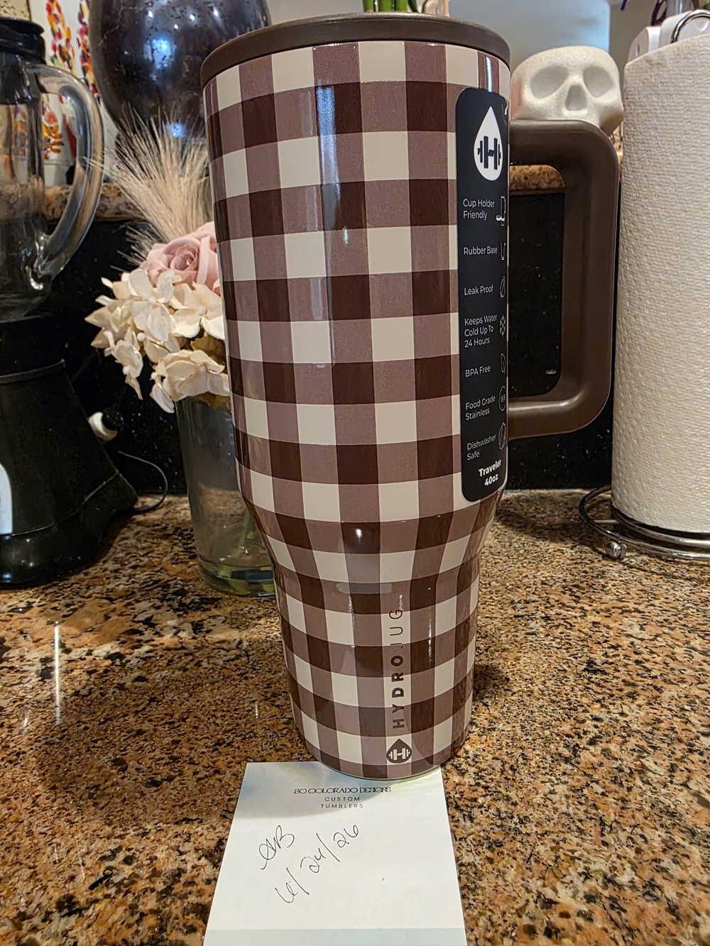 HydroJug Brown and Cream Gingham Insulated Tumbler